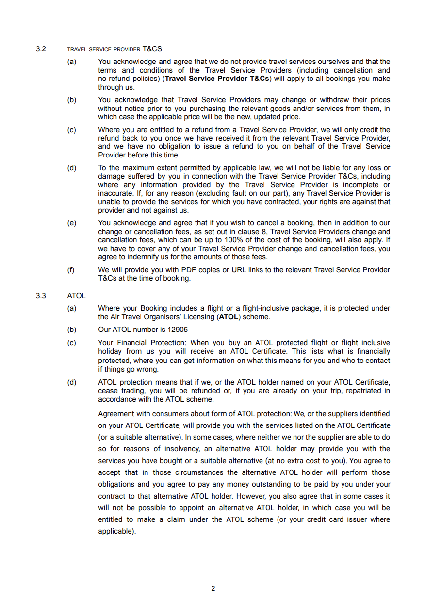 Screenshot of a document titled 'Travel Service Provider T&Cs' with sections on refunds, cancellations, PDF copies of T&Cs, and Air Travel Organisers' Licensing (ATOL) scheme details.