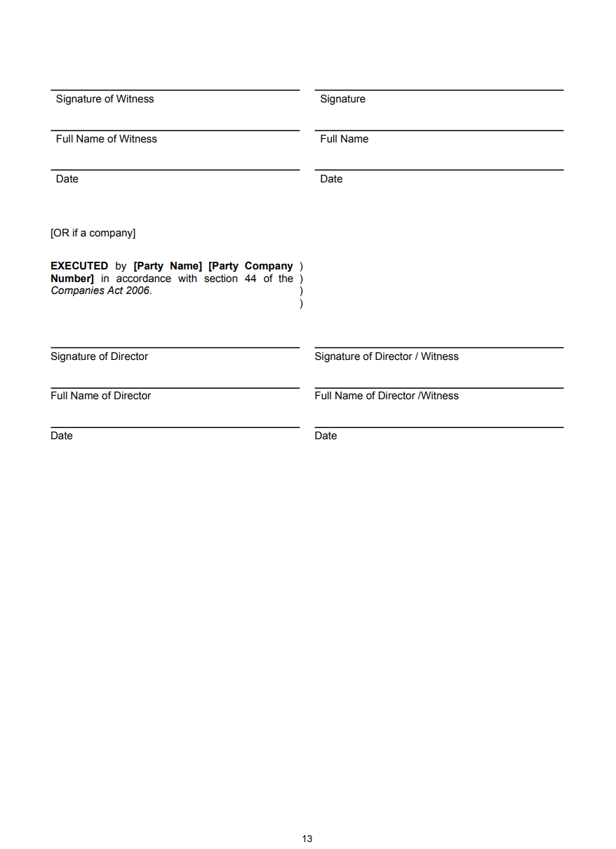 A blank legal document form with spaces for signatures, names, and dates, and sections for witness and director information, with some lines and text indicating legal clauses and references to the Companies Act 2006.