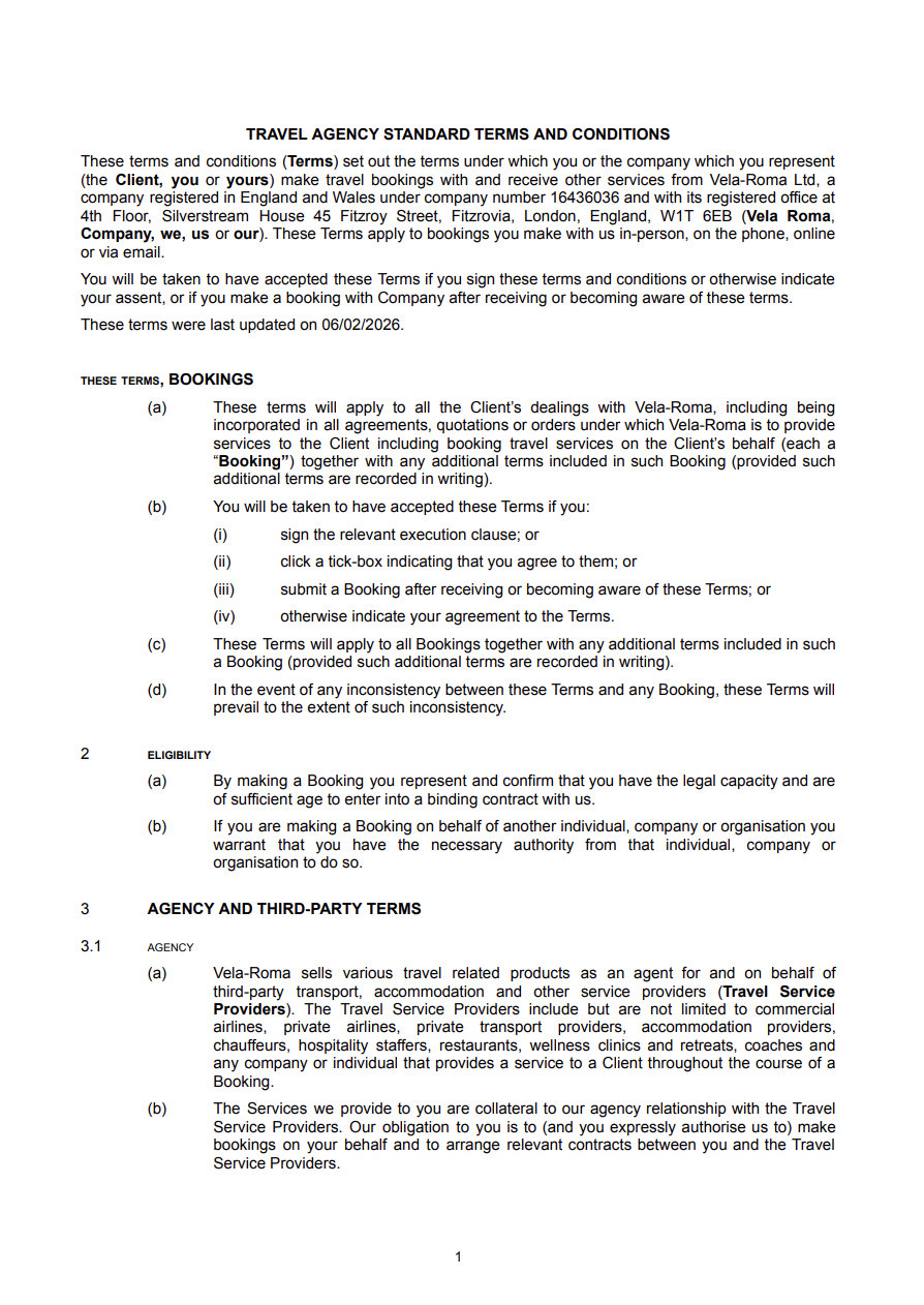 Travel agency standard terms and conditions document detailing bookings, eligibility, agency, and third-party terms.