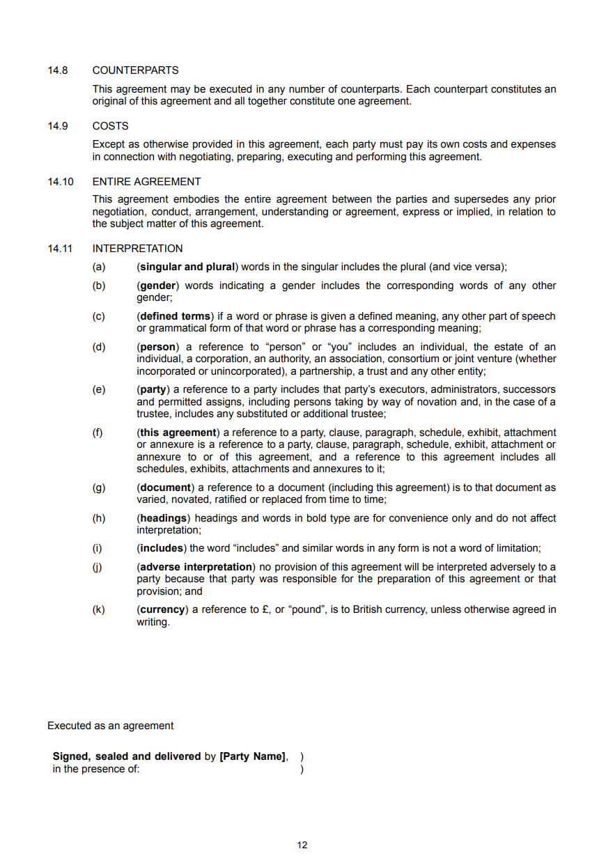 Page 12 of a legal or contractual document, detailing sections 14.8 to 14.11 and definitions of terms such as 'singular and plural', 'gender', 'defined terms', 'person', 'party', 'this agreement', 'document', 'headings', 'includes', 'adverse interpretation', and 'currency'.