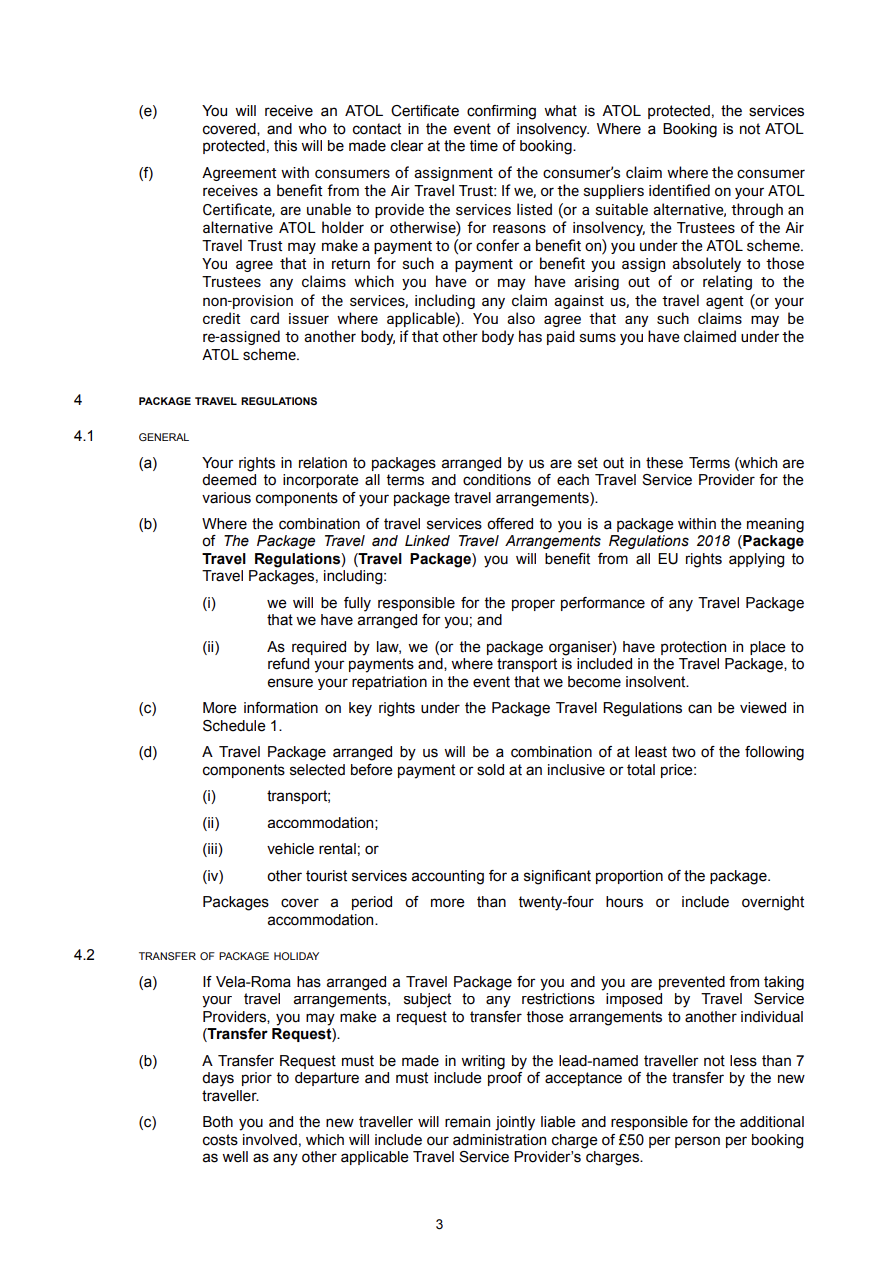 Page of a legal or official document discussing ATOL Certificate, package travel regulations, rights of consumers, and procedures for transferring travel packages.