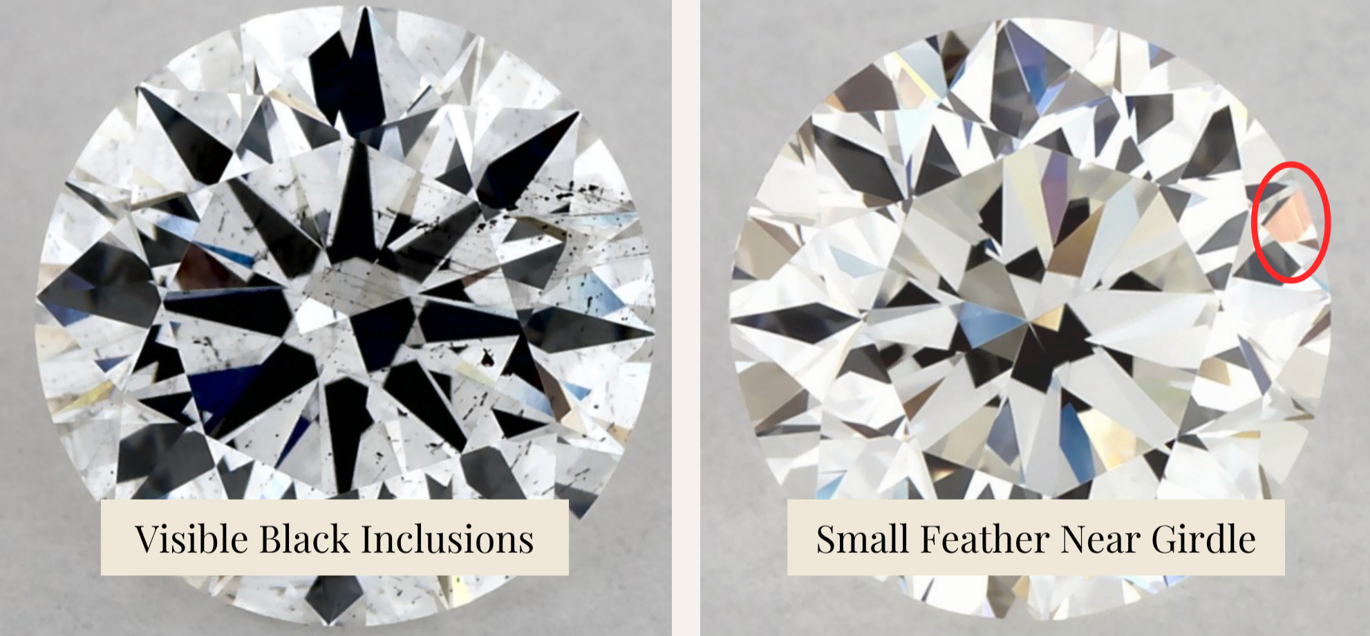 Comparison of visible inclusions vs diamond with a light feather near the girdle