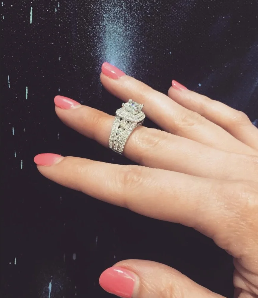 Custom double halo engagement ring side view - Refined by Robyn