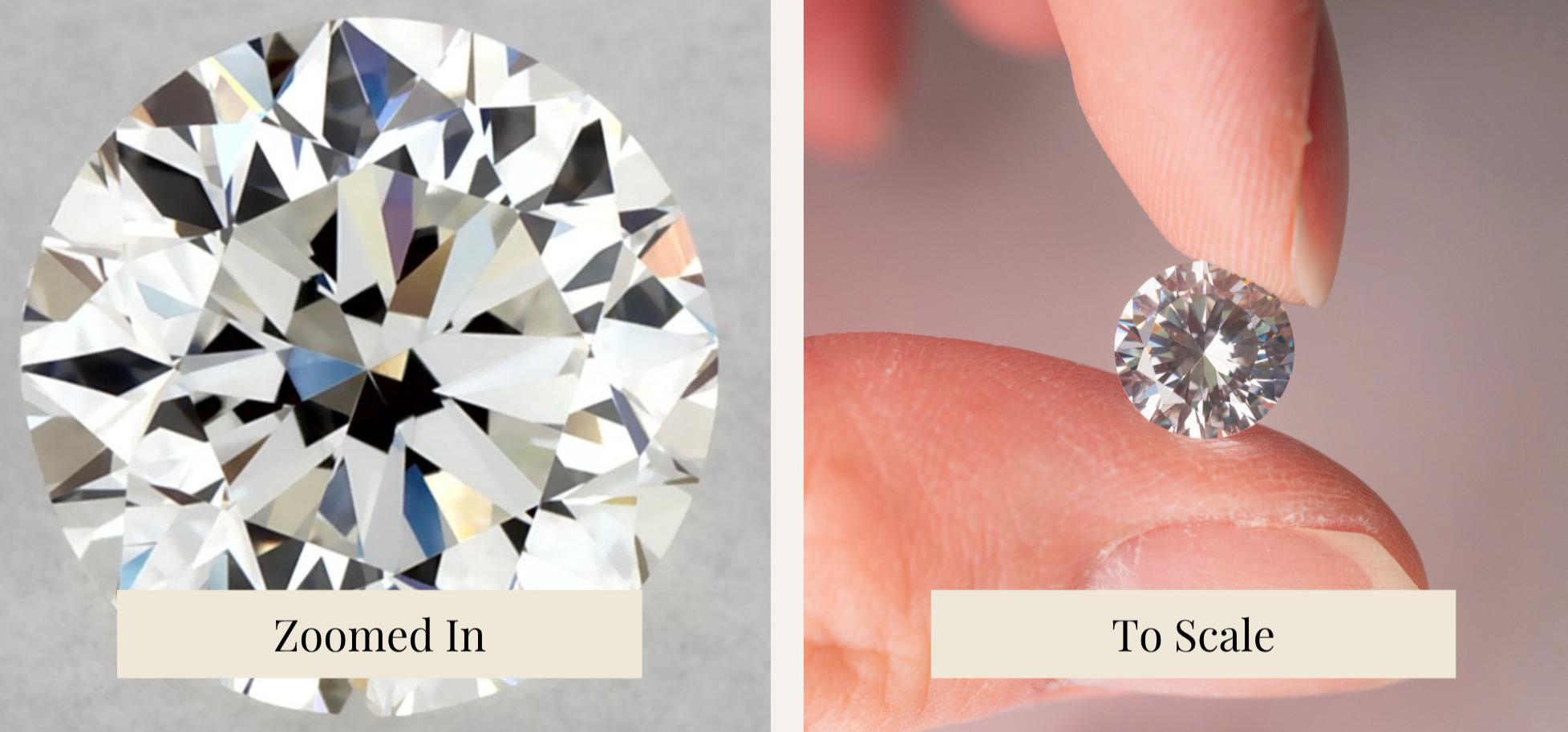 Side by side comparison of a diamond zoomed in on screen vs held in a hand