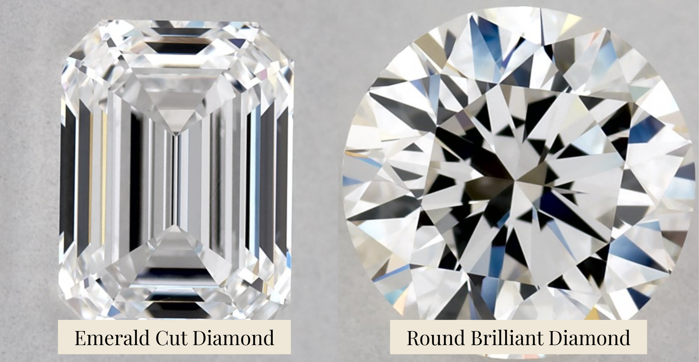 Side by side comparison of emerald cut vs round brilliant cut diamonds