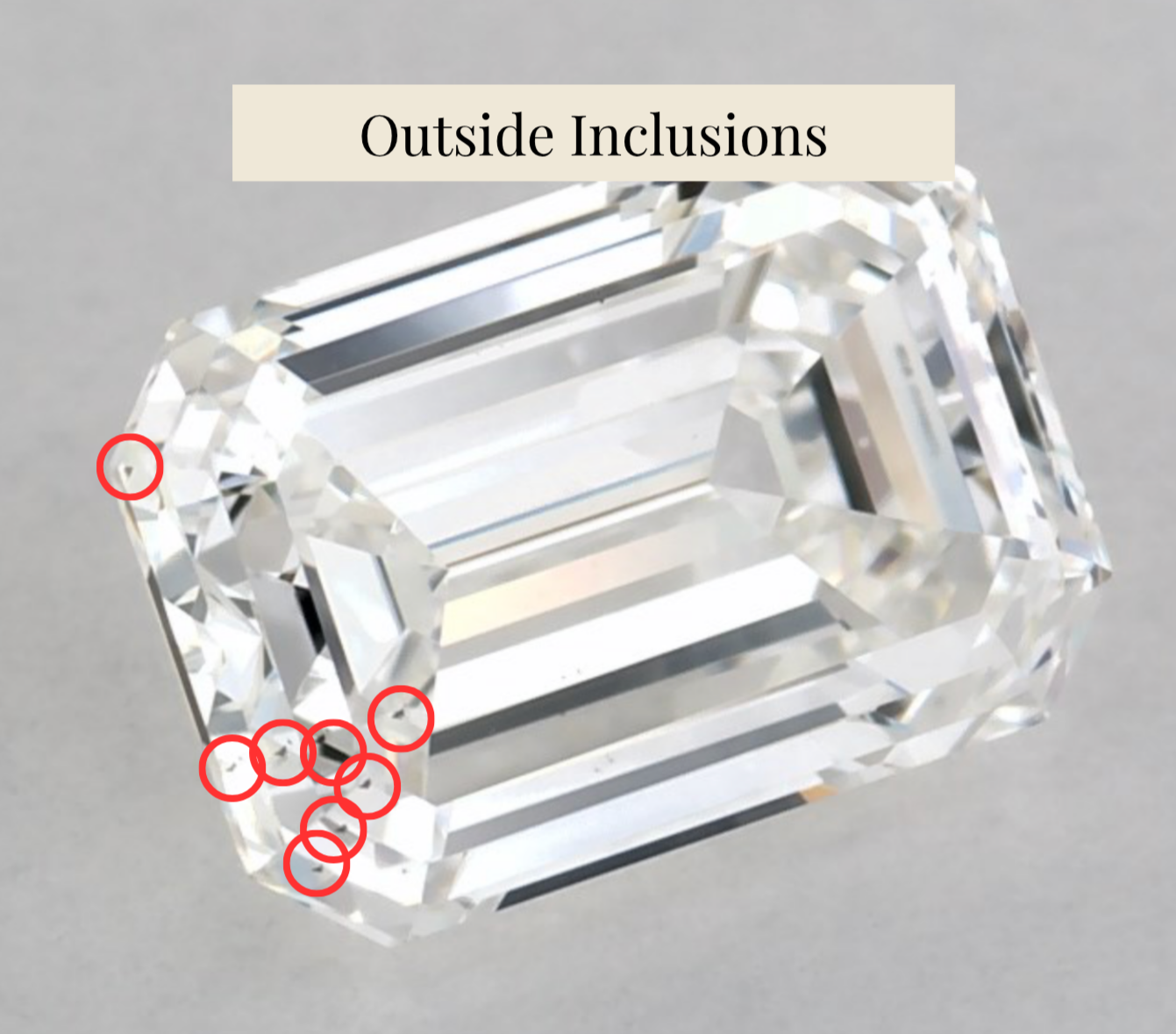 Emerald cut diamond with outside inclusions