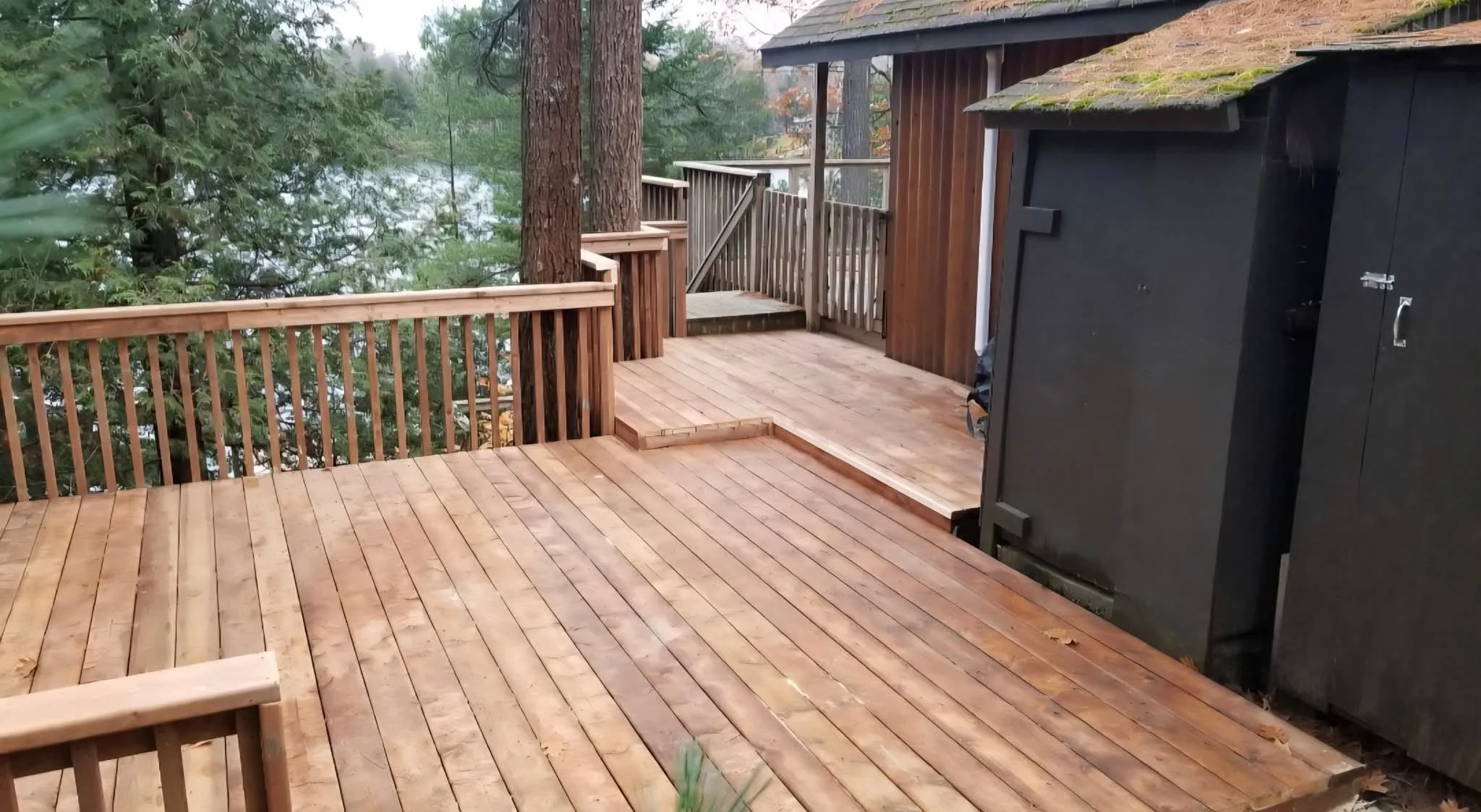 Wooden deck with railing, stairs, and trees in background