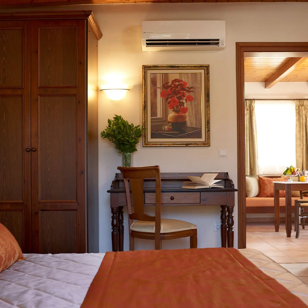 • Outdoor swimming pool  • 20 Rooms with En-suite bathrooms  • Bar  •  Kitchen • Junior Suites  • Maisonettes • Suites •  Superior •  Double Rooms •  Private Parking