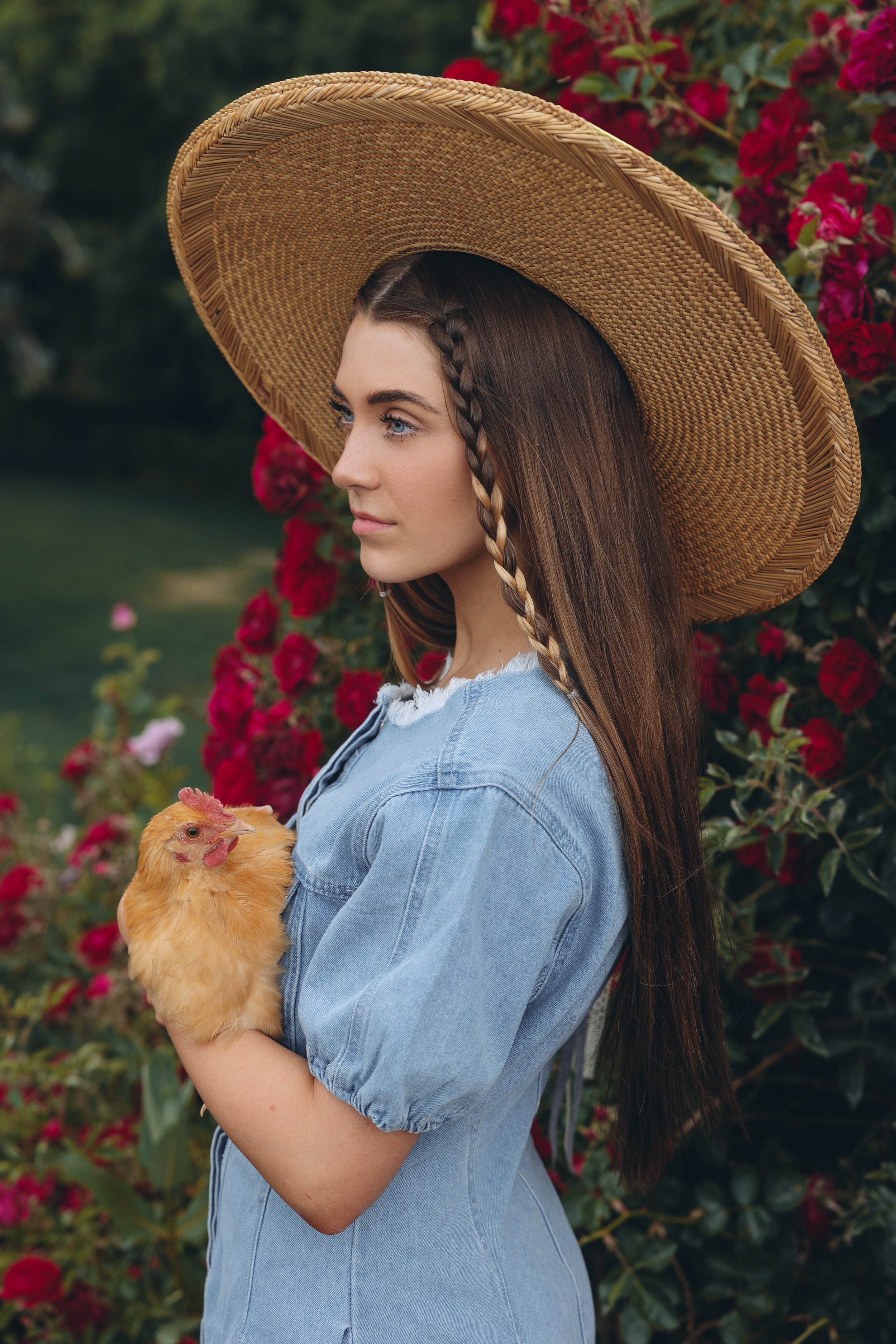 Young woman in straw hat holding a chicken, standing near red roses.