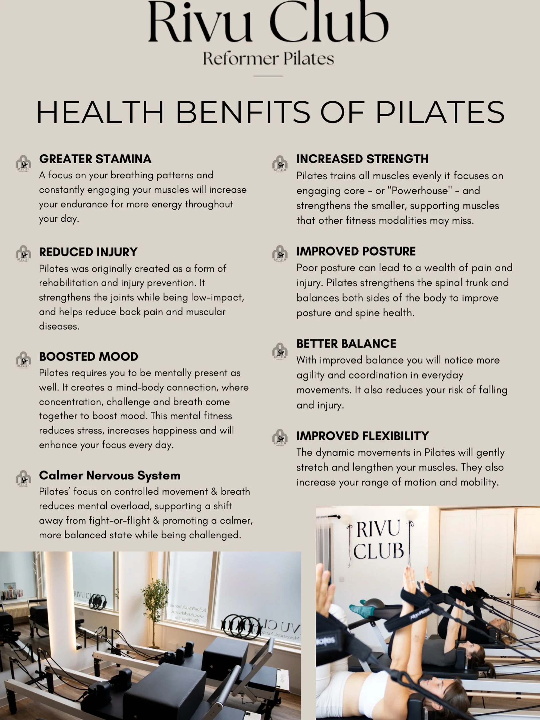 Benefits of Pilates ✨

Pilates was designed to rehab injured soldiers&hellip;.you do not need to be fitter, more flexible or loose weight before you start 🫶 everyBODY should do pilates.

These are a few examples of how pilates can help&hellip;

Book