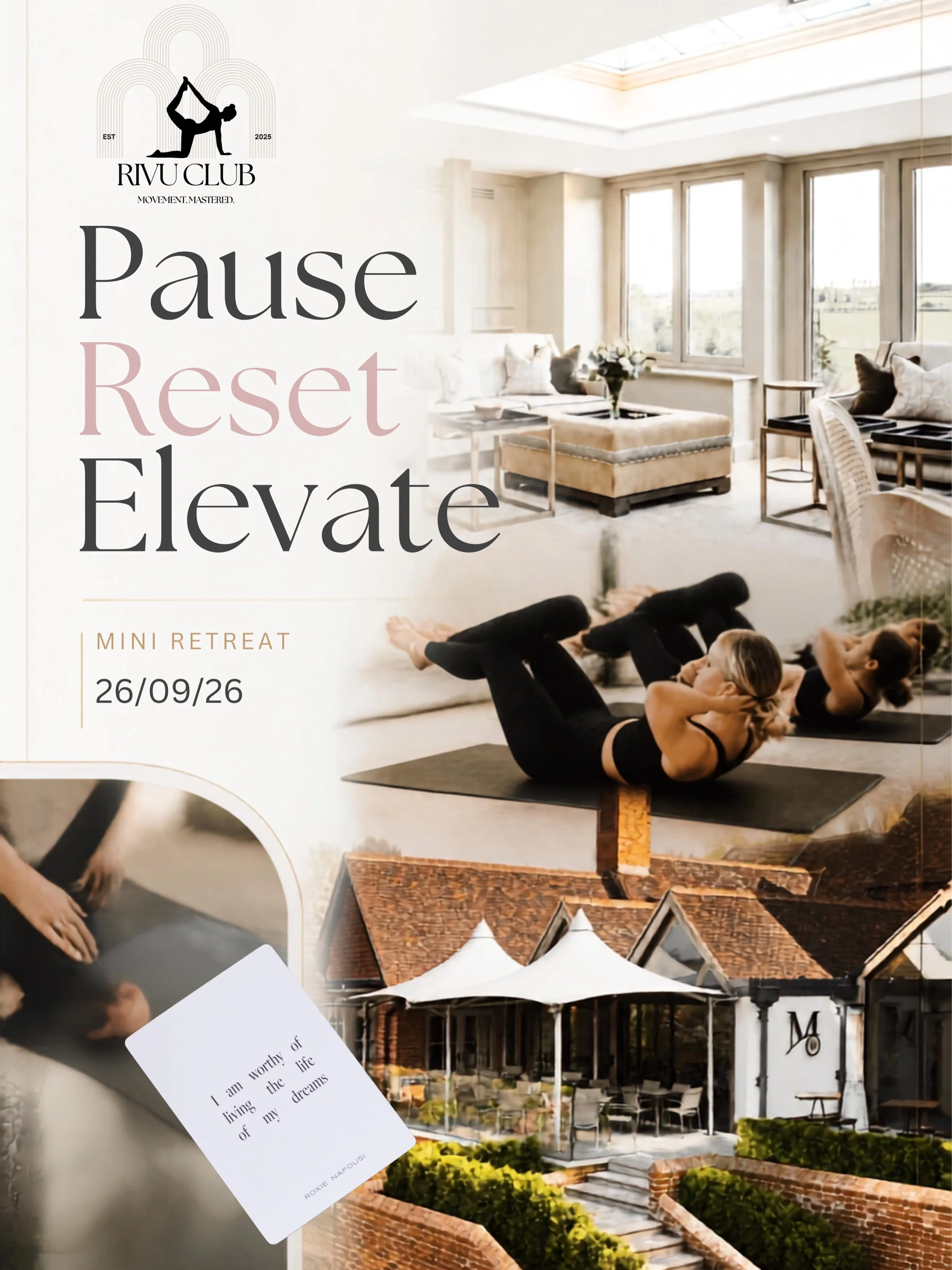 RIVU CLUB - MINI RETREAT - PAUSE &middot; RESET &middot; ELEVATE

A morning. A beautiful setting. Something just for you. 🤍

Summer has been busy. Life has been full. And now routines are starting.

So before everything gets busy again, join us for 