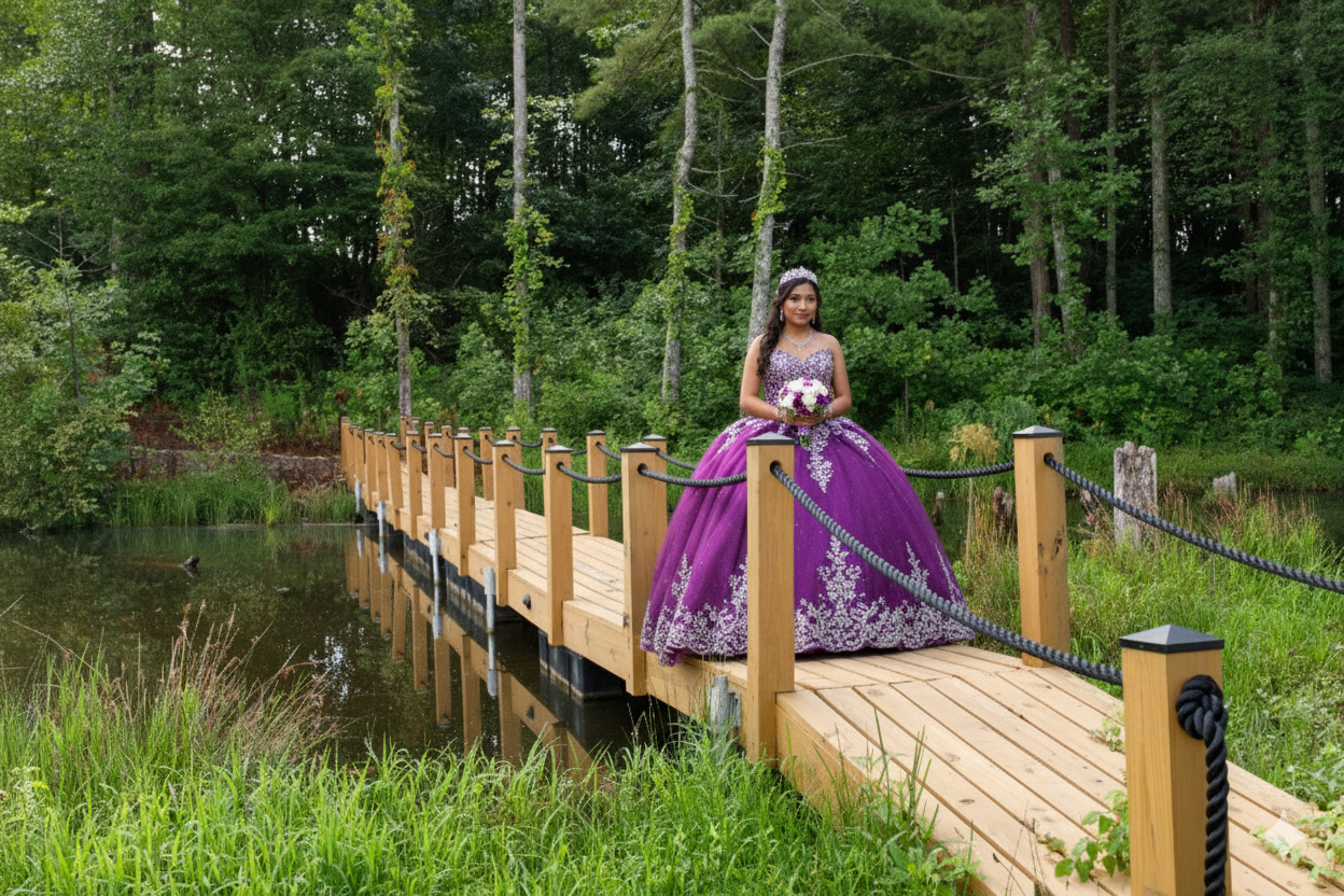 A woman in a purple quinceañera gown holding a bouquet standing on a wooden bridge over a pond surrounded by green trees.