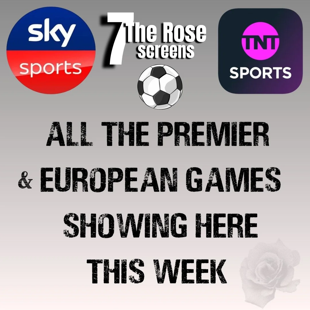 Announcement of Premier and European sports games on Sky Sports, with logos of Sky Sports, TNT Sports, and a soccer ball, mentioning 7 screens and a rose graphic in the background.
