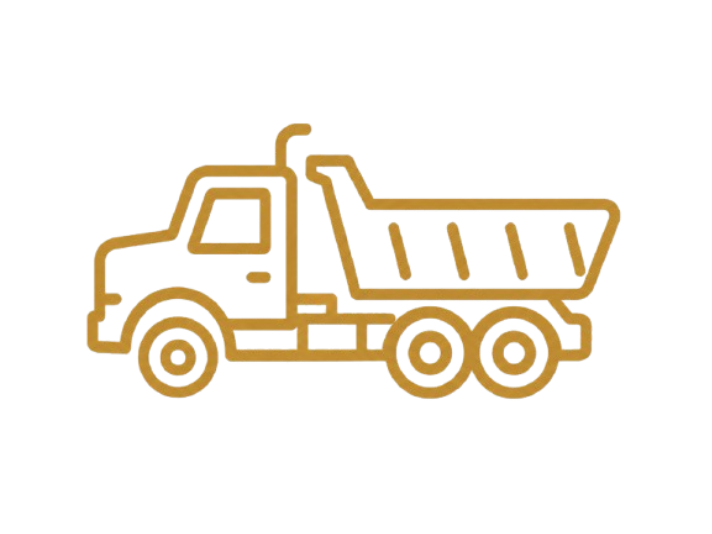 A colorful icon of a dump truck with a green cab, blue window, and a large brown cargo bed, outlined in gold.