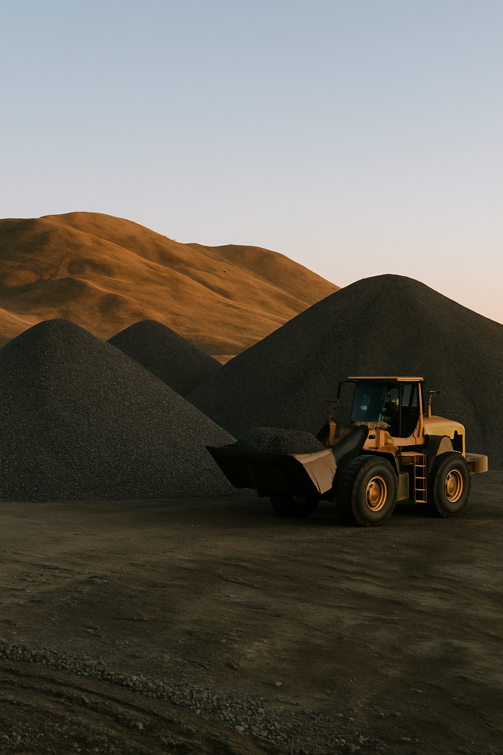 Yellow bulldozer near gravel piles at sunset with hills in the background.