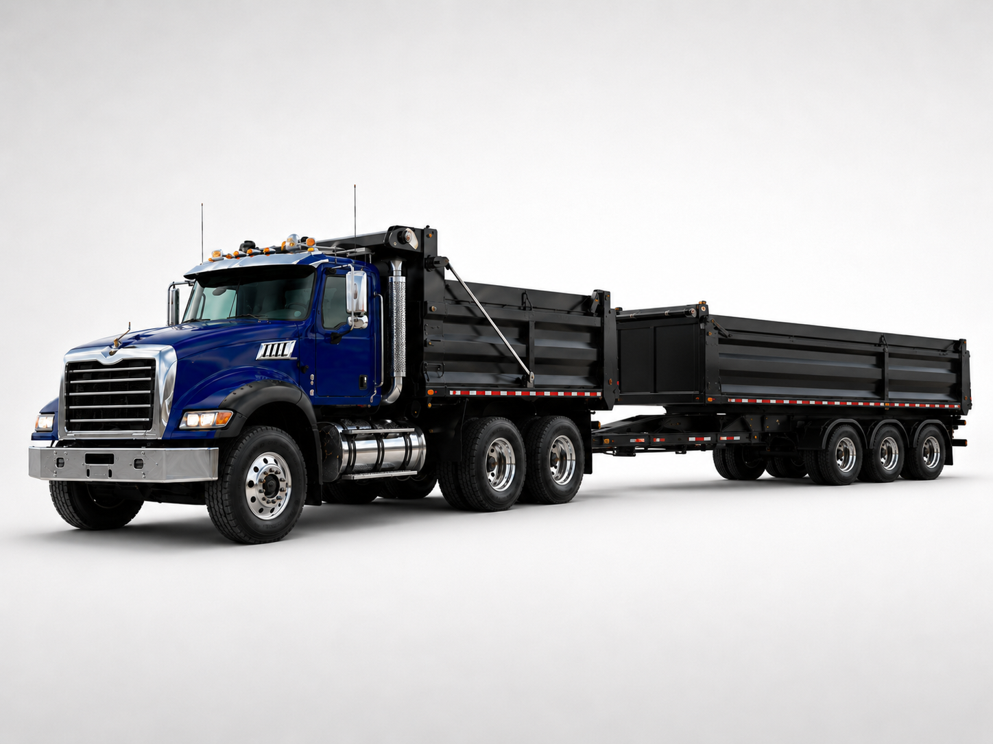 A blue and black dump truck on a plain white background.