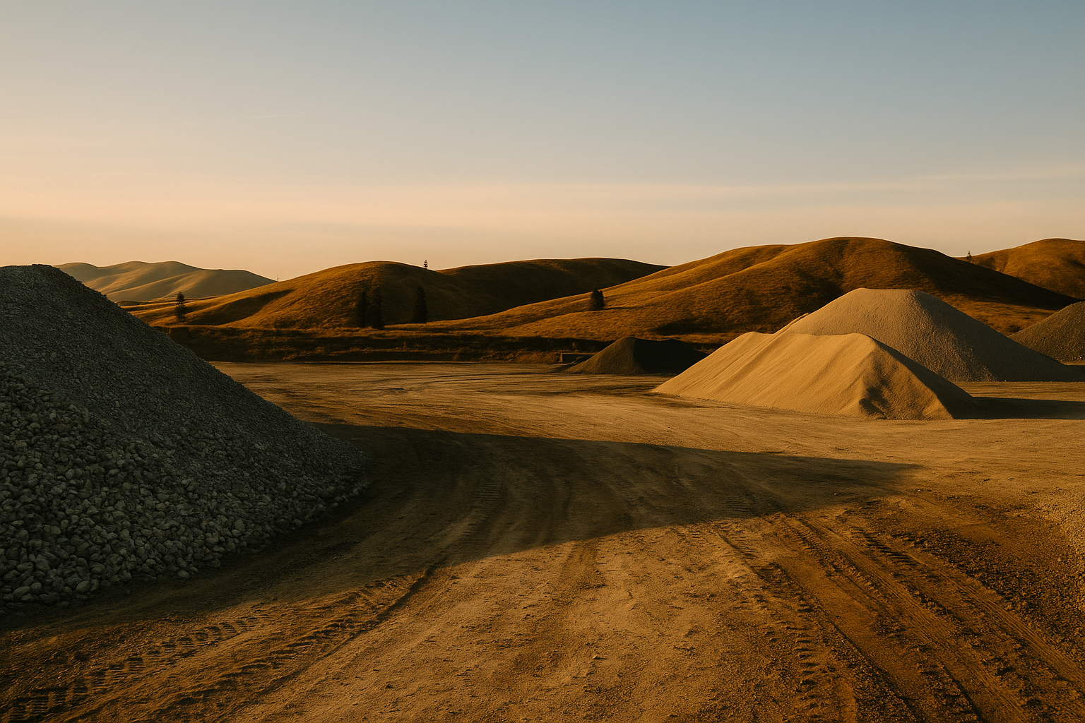 Dirt and gravel piles at a construction site with hilly landscape in the background at sunset.