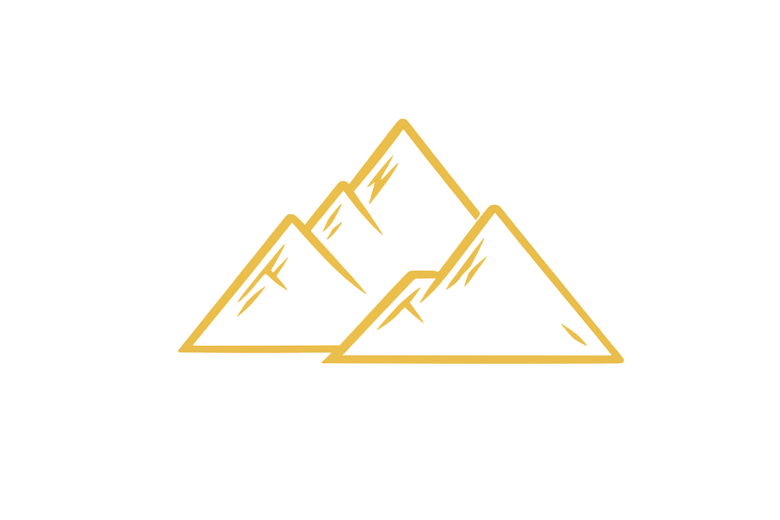 A gold line drawing of three mountain peaks with sharp edges and cliffs, set on a black background.