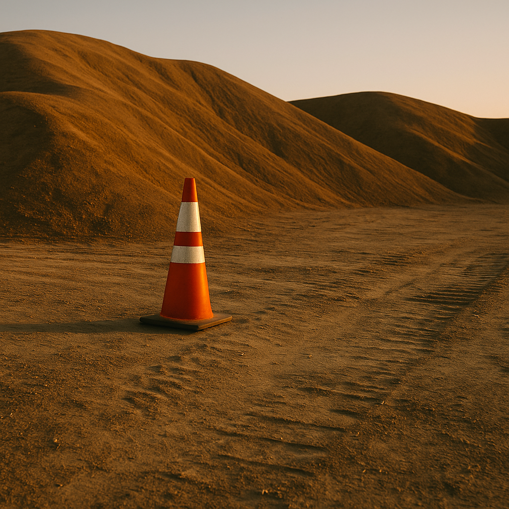 Gravel hauling site in West Kelowna with safety cone