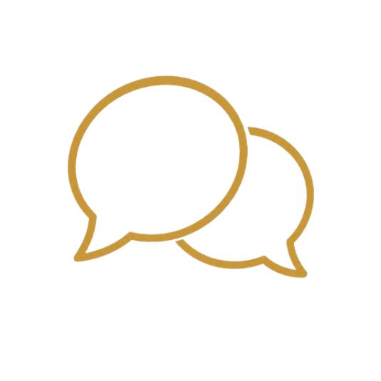 Two overlapping speech bubbles, one dark blue and one light beige, with colorful outlines.
