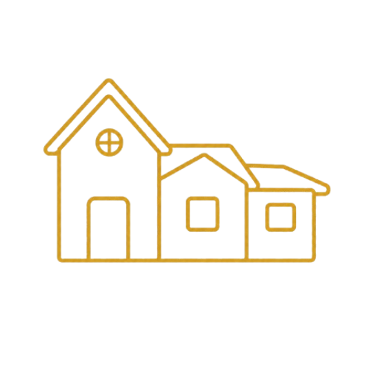 Outline drawing of a house with a peaked roof, a round window, and two rectangular windows on a black background.