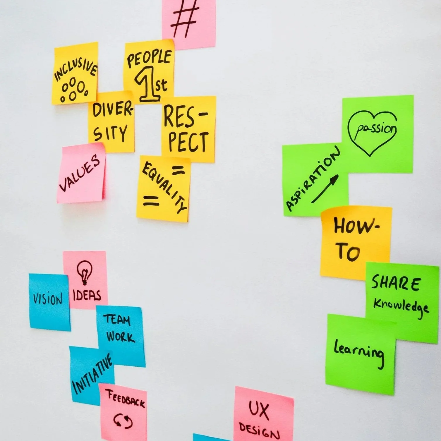 Colorful sticky notes on a wall with words and phrases related to values, diversity, respect, equality, passion, inspiration, sharing knowledge, learning, ideas, teamwork, feedback, UX design, and inclusion.