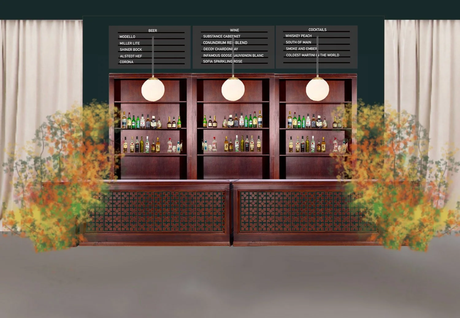 Bar area with wooden shelves stocked with various bottles of alcohol, three hanging round pendant lights, a dark green wall with a menu displaying drinks in black and white, and decorative trees with orange and yellow foliage on either side.