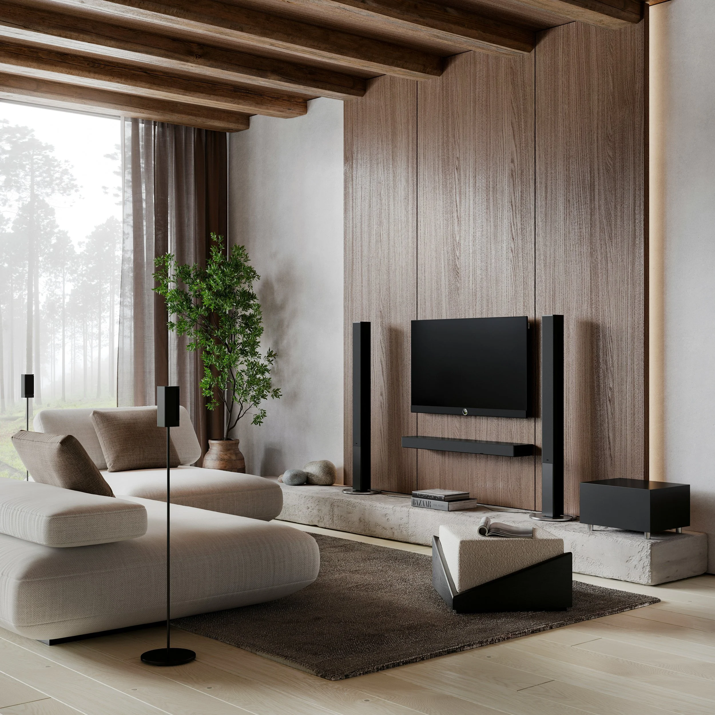 Modern living room with beige sofa, black floor lamp, potted plant, flat-screen TV on a wooden wall, and natural light from large window with curtains.