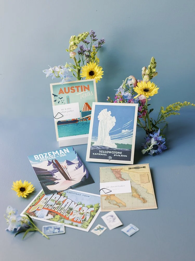 Postcards of different states for Texas wedding seating chart