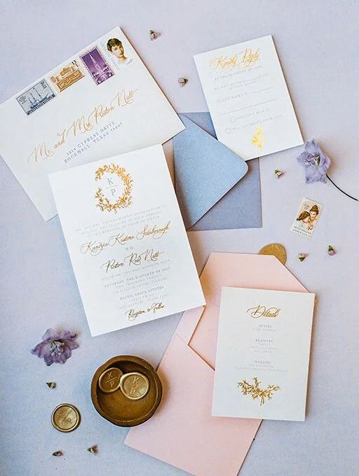 Purple &amp; Pink wedding invitations with gold foil