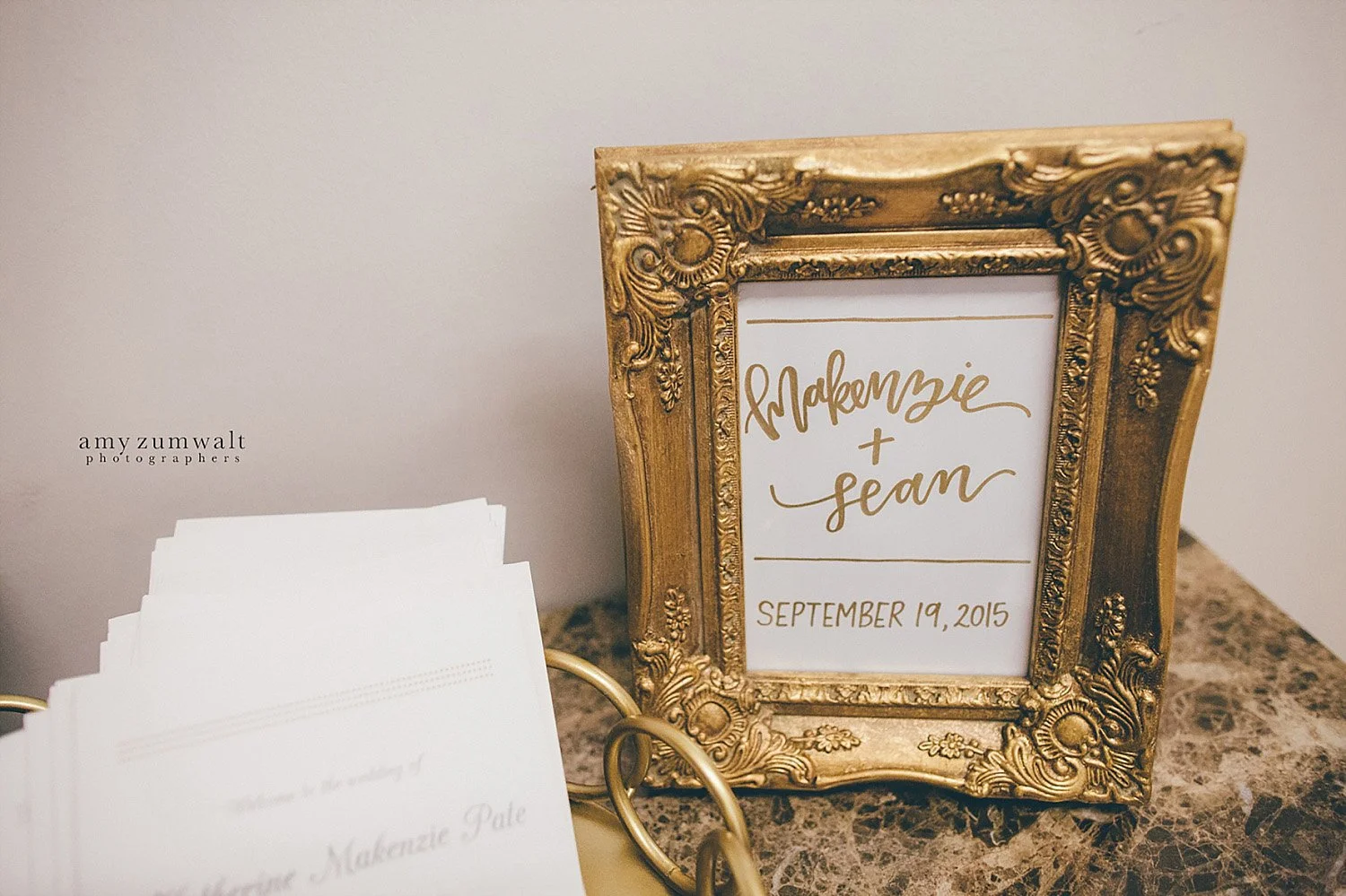 Dallas Baptist Church wedding gold welcome sign