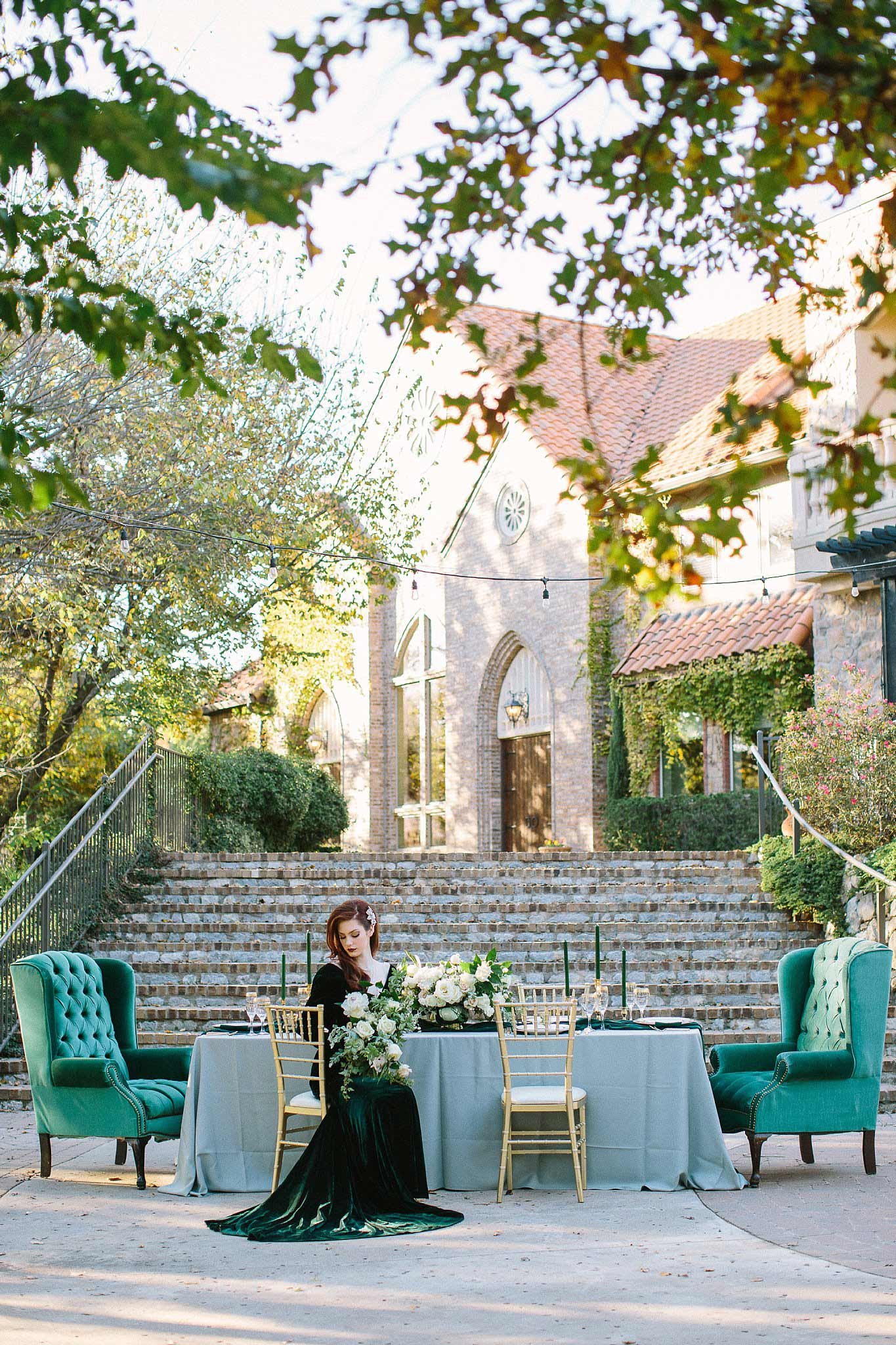 aristide mansfield wedding grey reception table with gold chivari chairs