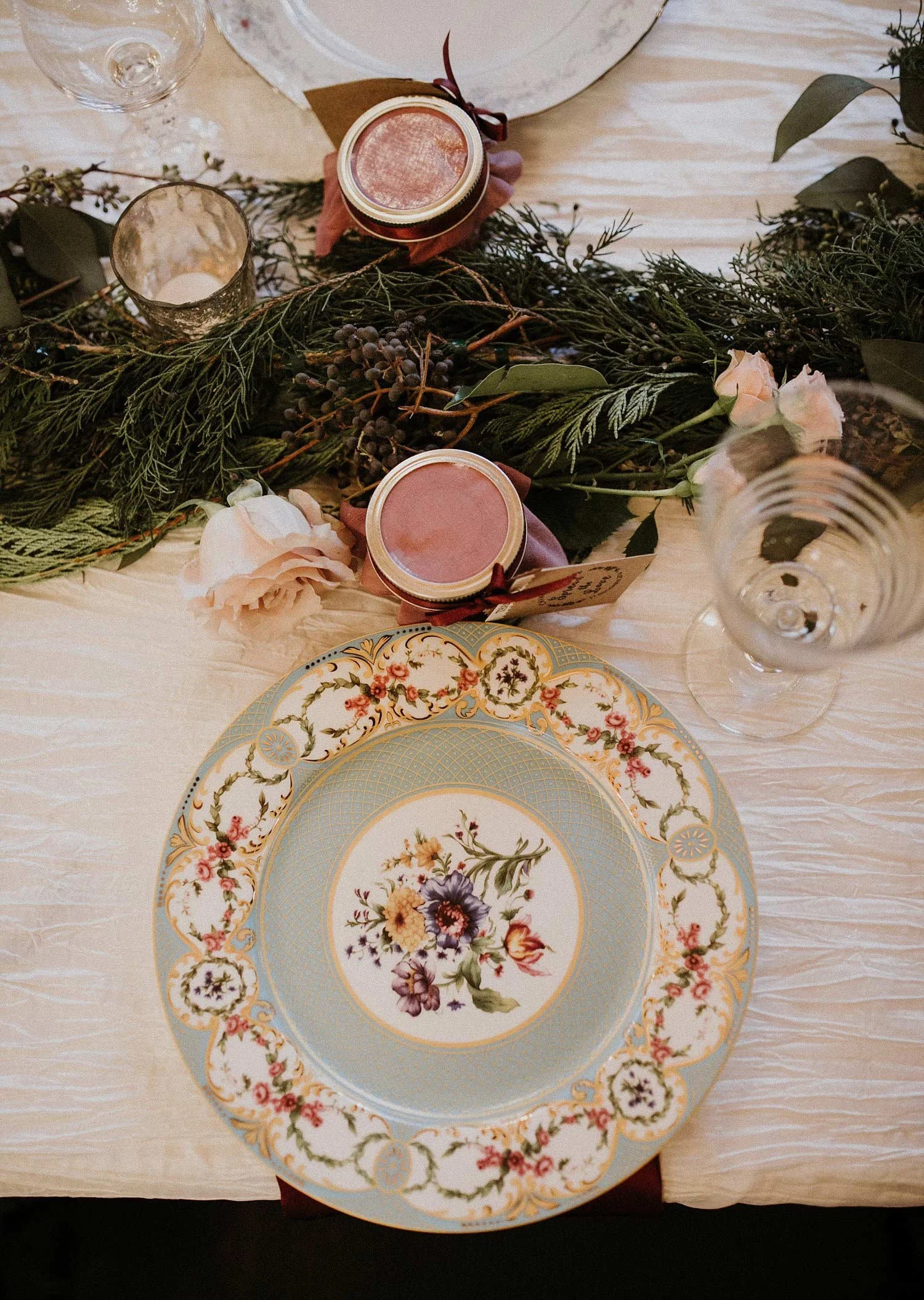 Hollow Hill Farm Event Center Wedding vintage china place setting with jam jar favor