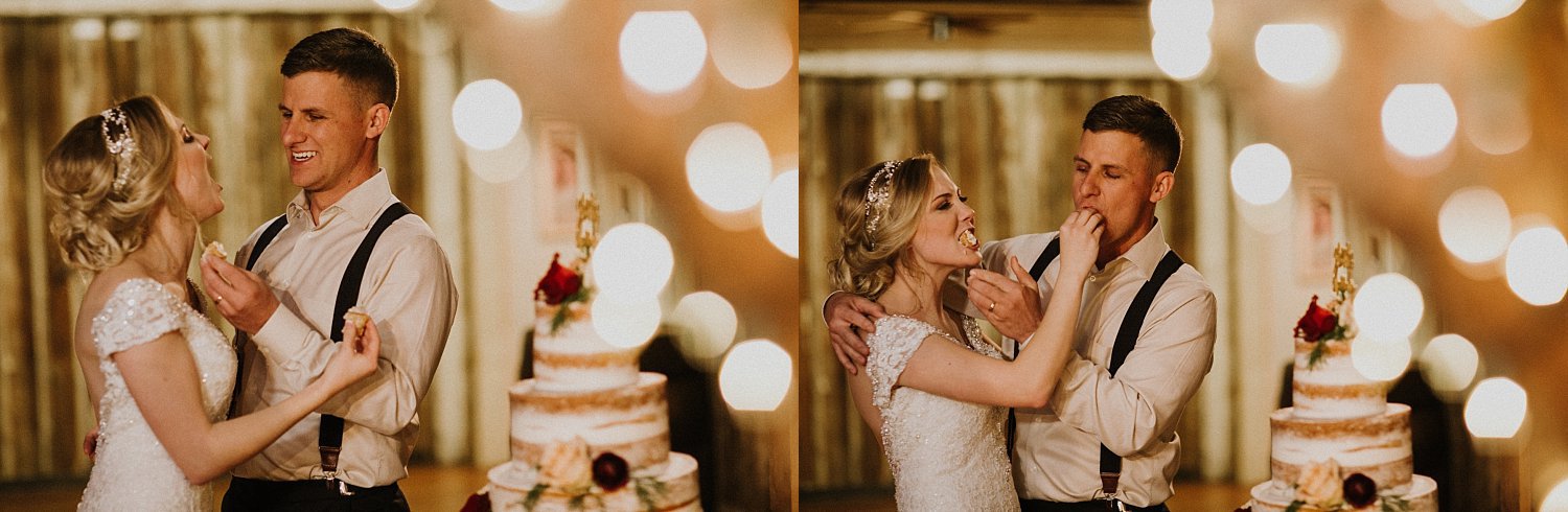 Hollow Hill Farm Event Center Wedding bride and groom cutting cake in old town