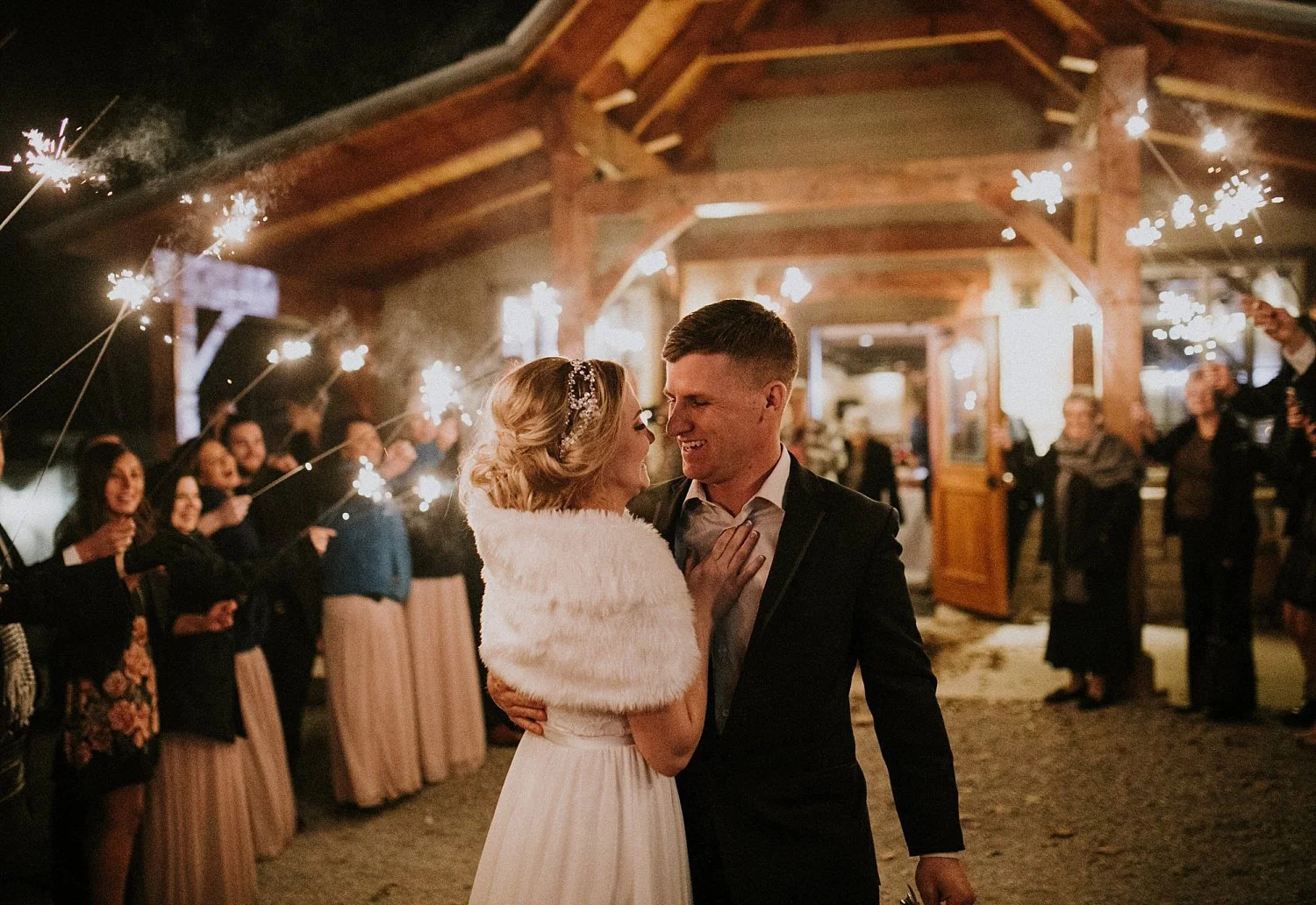 Hollow Hill Event Center Sparkler Exit with fur shawl