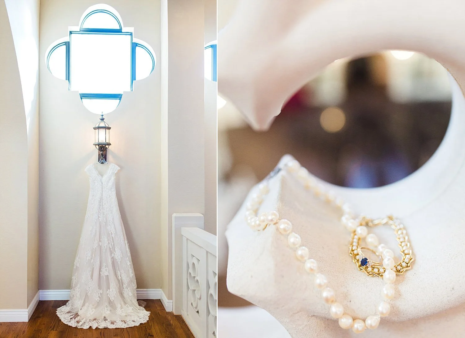 Castle at Rockwall wedding dress hung under geometric window photo