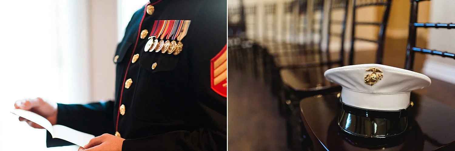 Castle at Rockwall wedding groom in marine dress blues reading letter photo