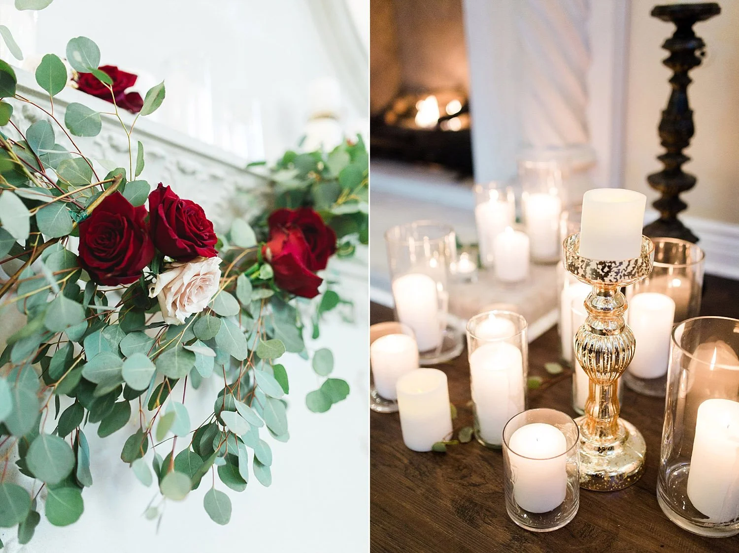 Castle at Rockwall wedding fireplace garland and candle details