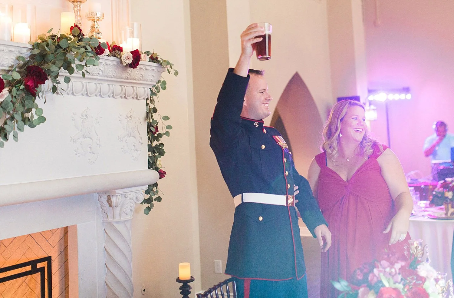 Castle at Rockwall wedding marine groom toasting