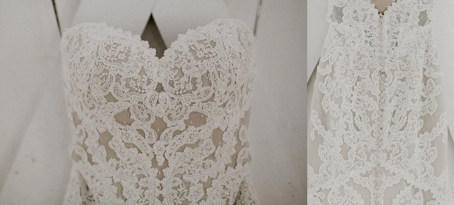 Wedding dress with white lace over nude linning