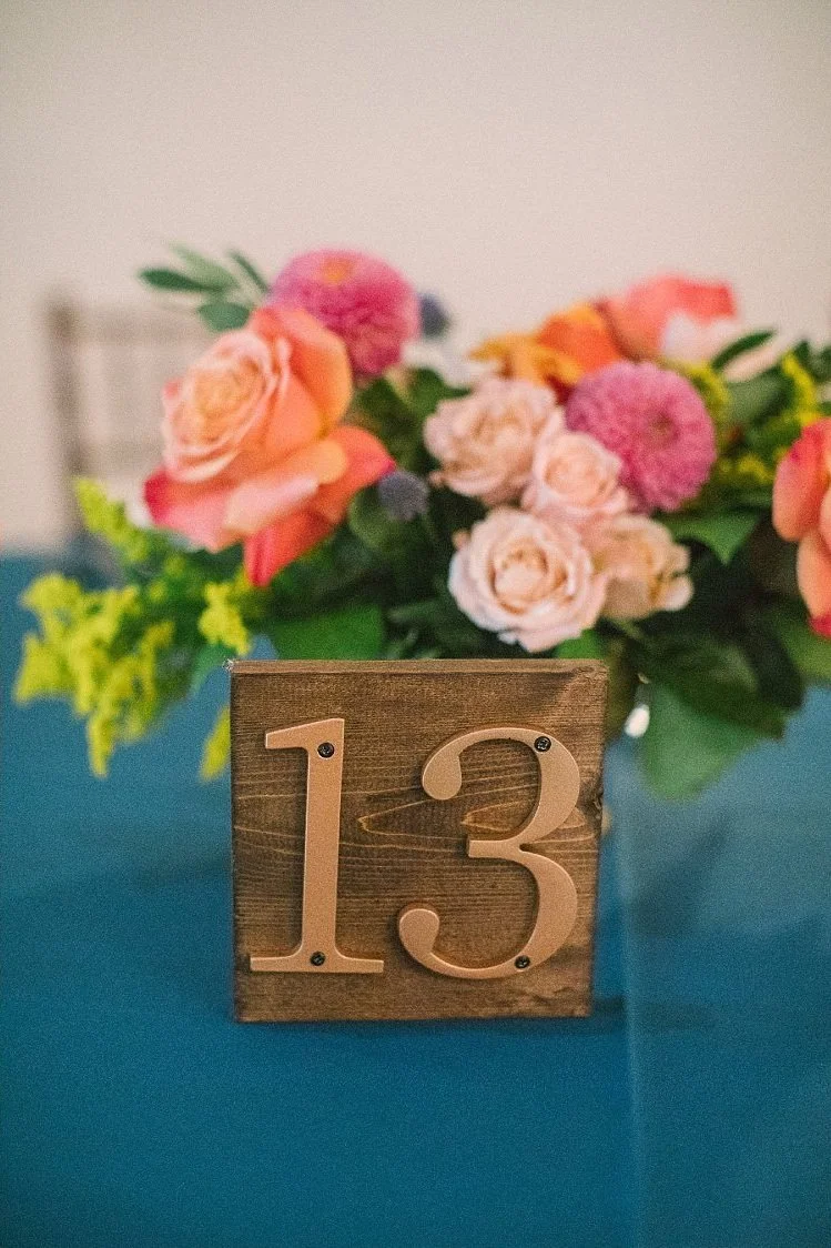 Wood table number with copper numbers