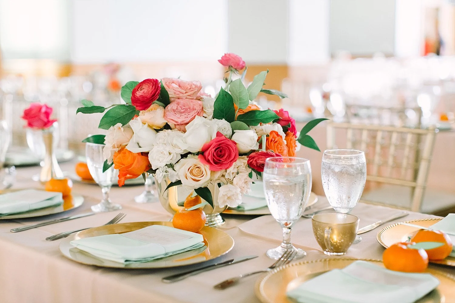 Old Red Museum wedding reception bright pink orange and blush wedding flowers