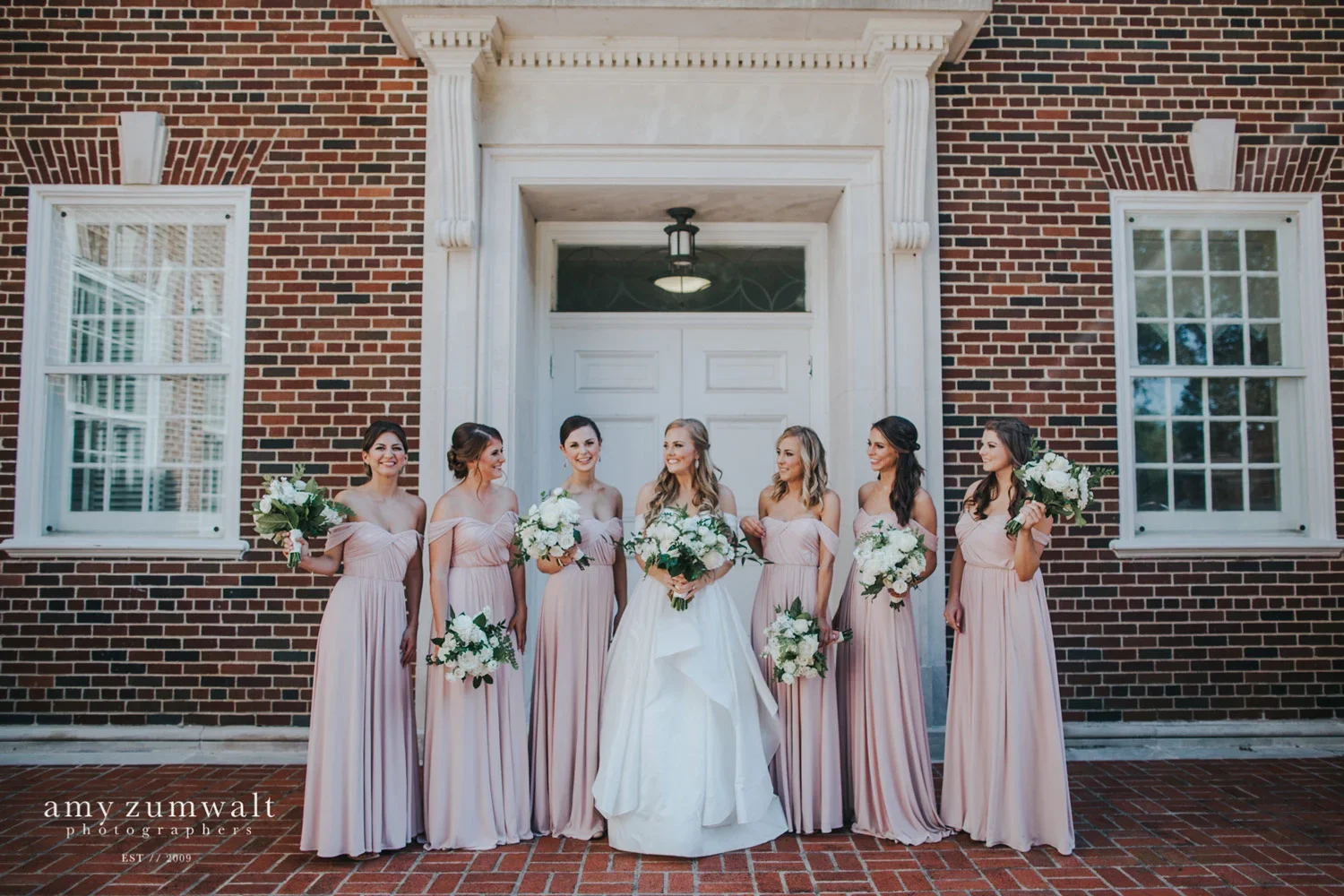 first presbyterian church wedding with long blush bridesmaid dresses