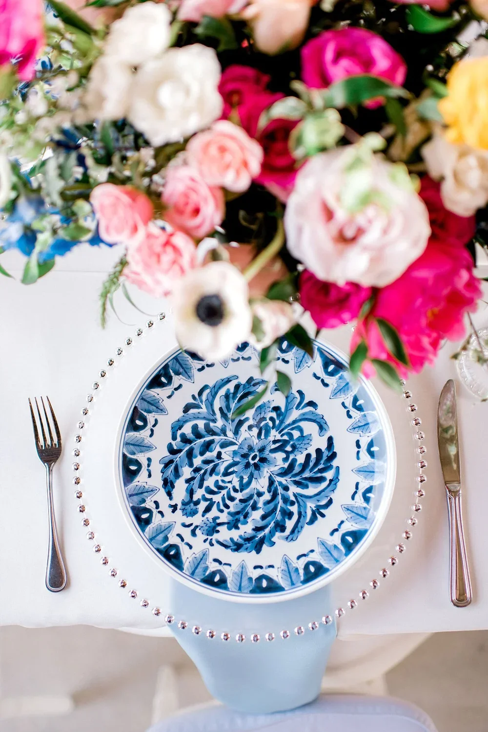 Vintage blue china and pink flowers