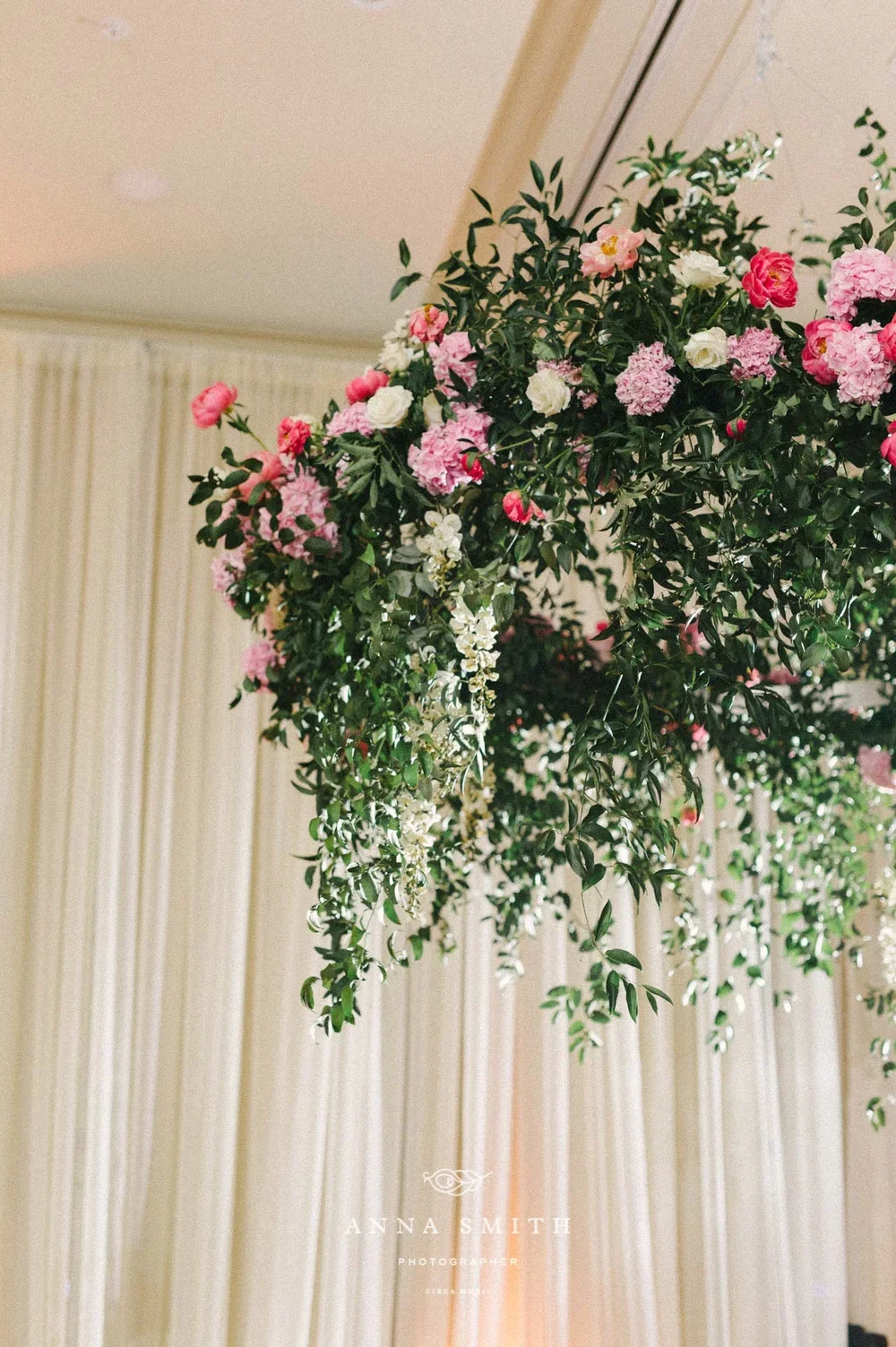 Pink flower chandelier with greenery