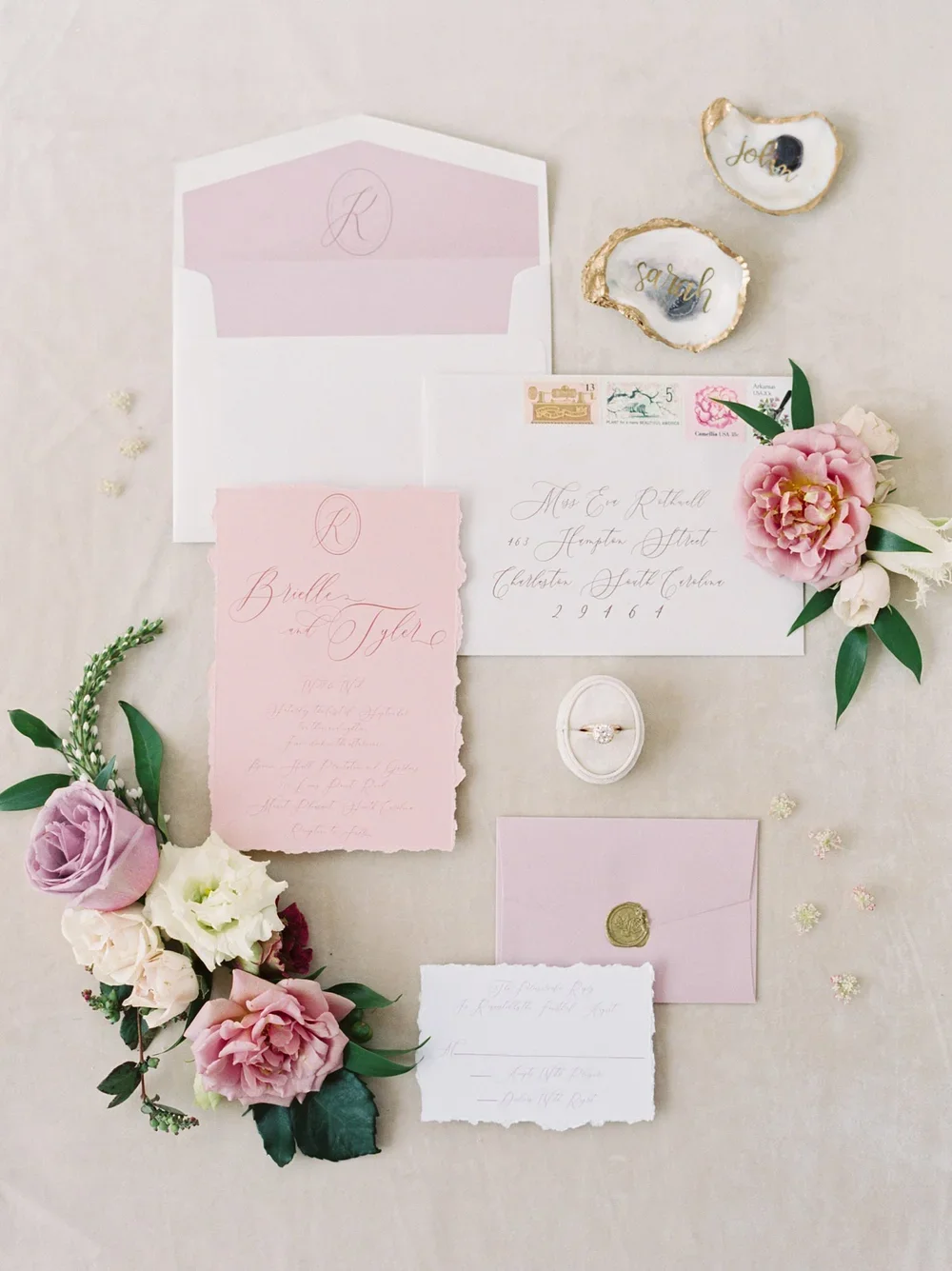 Mauve and dusty rose Southern fine art wedding invitation