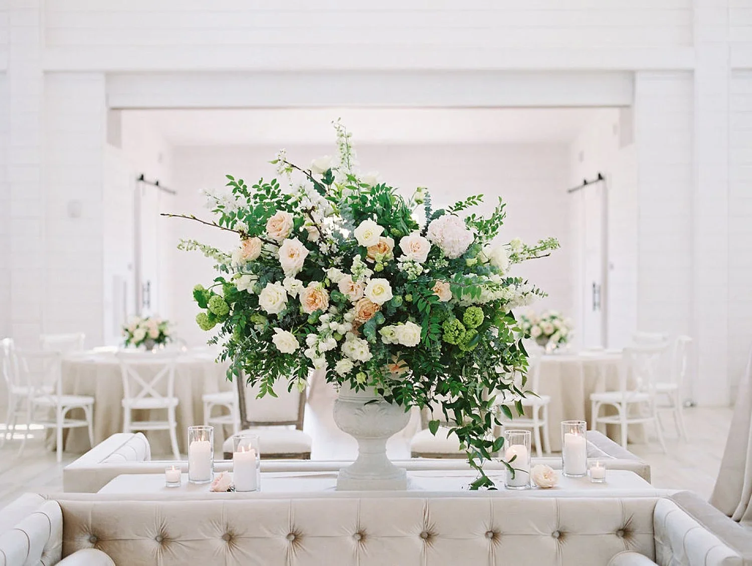 Large flower centerpiece on seating area at Southern Reception