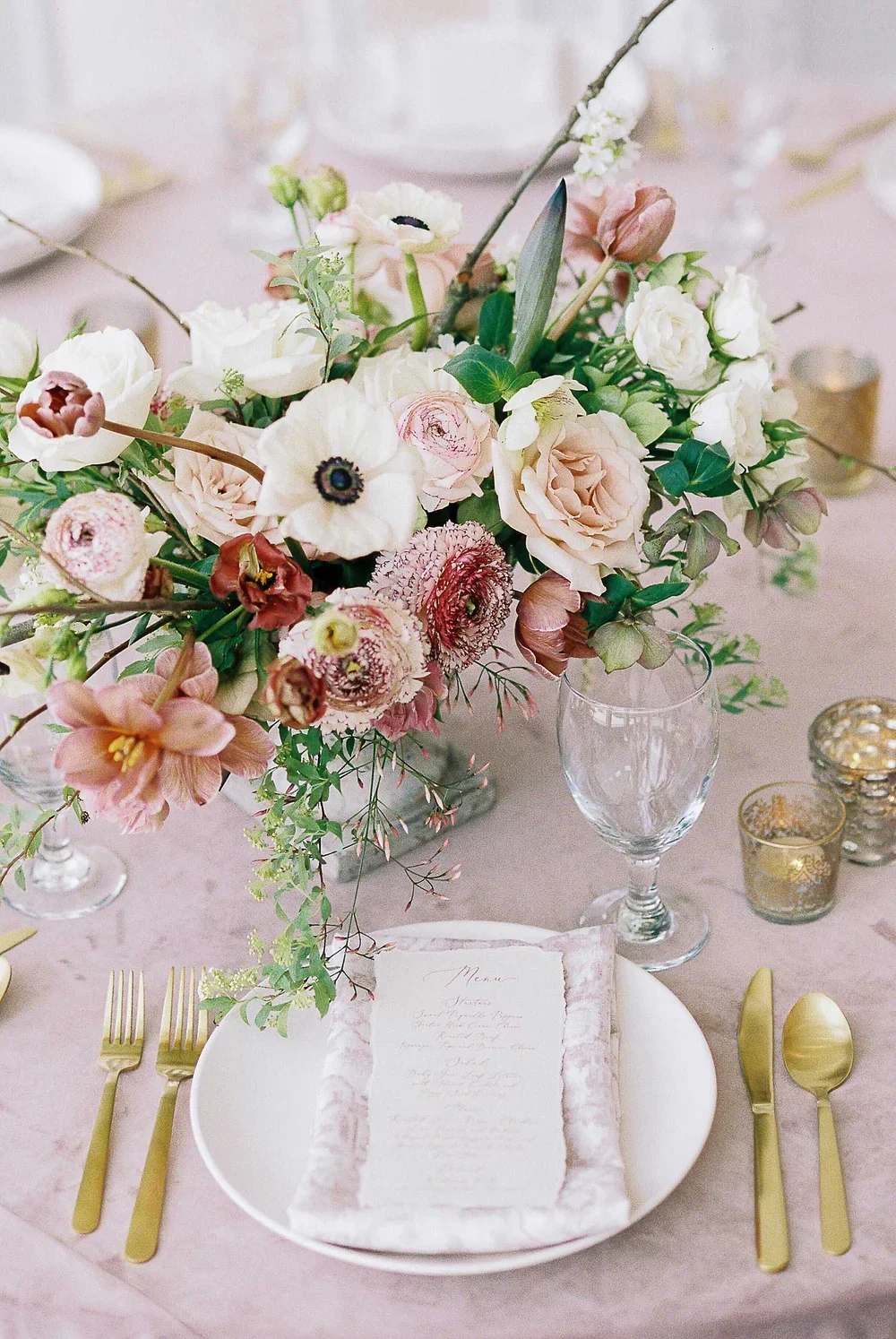 Pink Place setting with pink pattern napkin at Mauve wedding