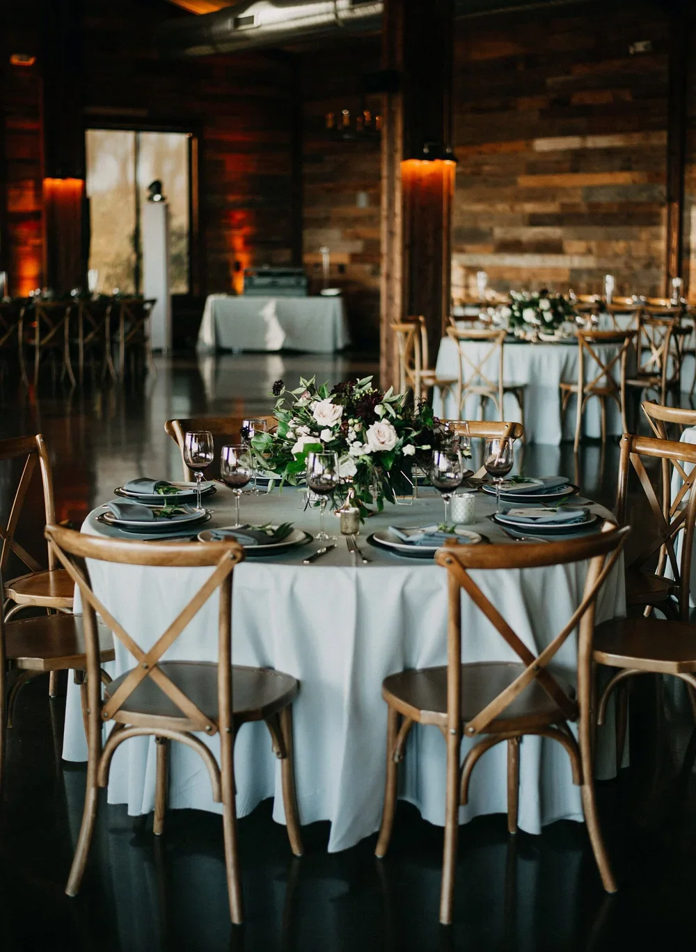 Stone Crest Venue wedding reception with Grey linens &amp; crossback chairs