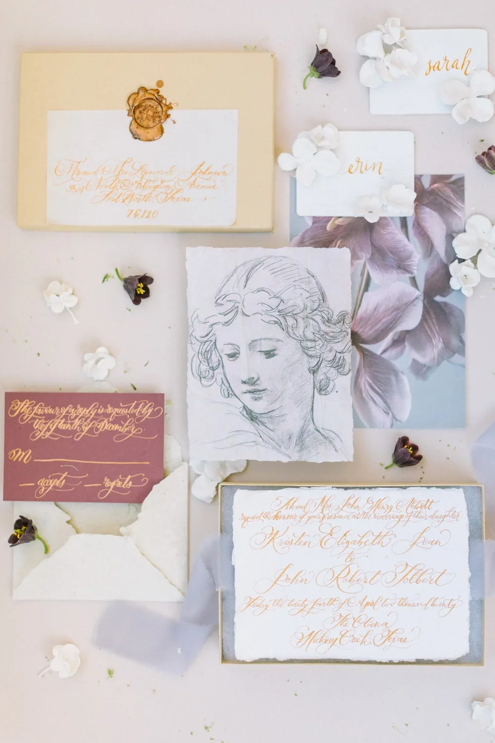 Purple &amp; burgundy fine art invitation with a hand drawn drawing of a sculpture